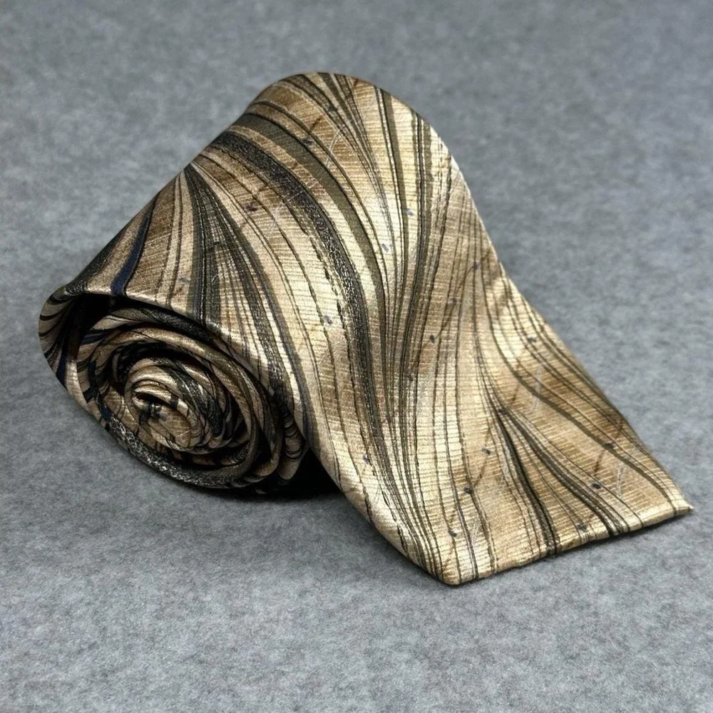 Gail MacKenzie Hand Marbled Silk Tie Gold Ivory Abstract USA Vintage 58x3.5in